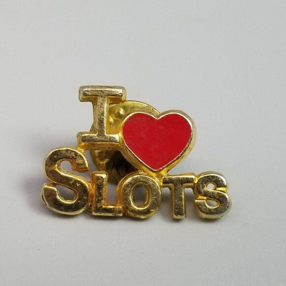 Vintage I Love Slots Gold Tone Lapel Pin, Red Enamel Heart Brooch, Estate - Picture 7 of 7